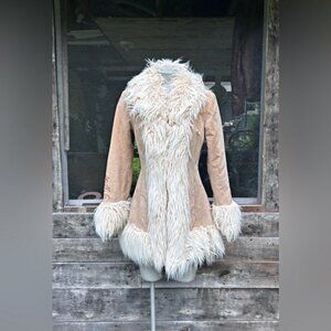Vintage Y2K Maurices Suede Boho Faux Fur Trim Embroidered Penny Lane Coat~S~